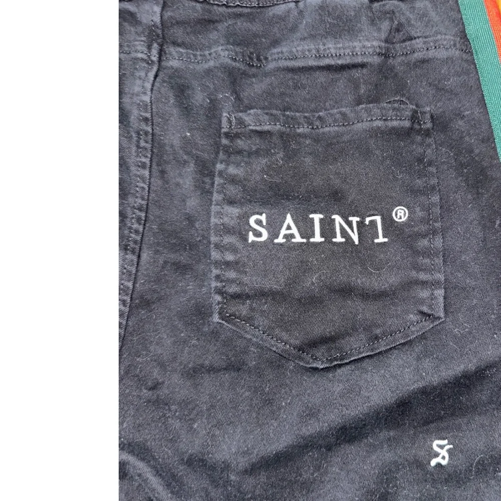 Saint Morta Black Red Green‎ Striped Distressed Denim Joggers Size Large